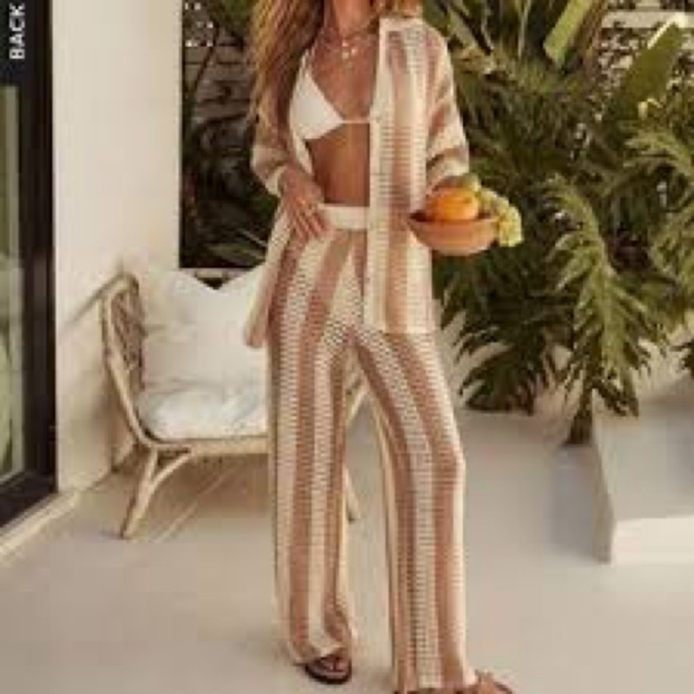 Vici Beige & White Striped Knit Jumpsuit with Matching Cover
